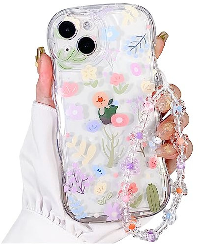 NITITOP Compatible for iPhone 14 Plus Case Clear Cute Flower Floral with Chain Wave Frame for Girls Women Pattern Soft TPU Shockproof Protective Girly-Colorful Floral