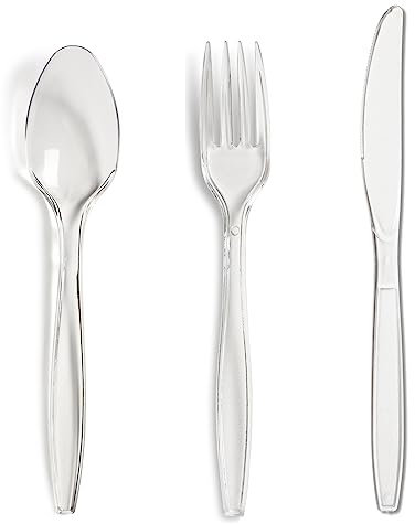 150 Pieces - Heavy Duty Reusable Clear Plastic Cutlery Set | Includes 50 Forks 50 Knives 50 Spoons | Dishwasher Safe BPA Free Tableware | Birthday Parties Buffets Picnics BBQ's Weddings
