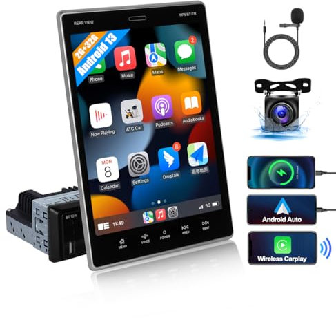 CAMECHO 2+32GB Apple Carplay Single Din Android 13 Car Stereo 9.5 Vertical Touch Screen Car Radio Bluetooth with Android Auto GPS Sat Nav WiFi FM RDS Mirror Link Fast Charging + AHD Reverse Camera