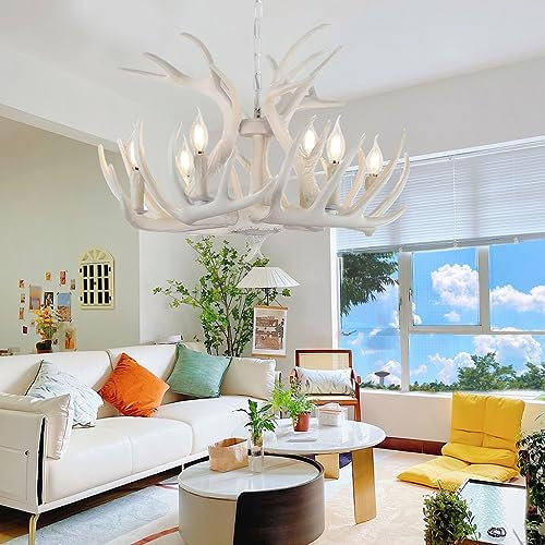 Kronleuchter Landhausstil Hirsch Holz Pendelleuchte Industriestil Retro Weiß Harz Eisen Pendellampe 6*E14 Höhe verstellbar Hängelampe Esszimmer Küche Café Bar Deckenbeleuchtung