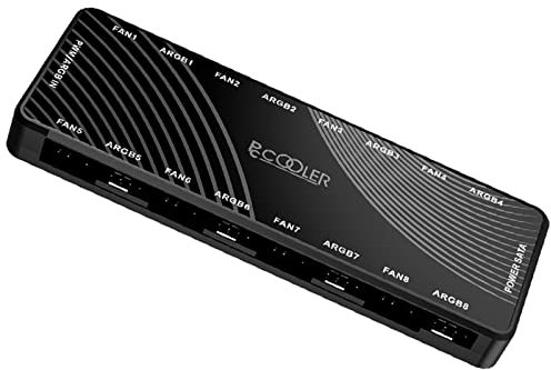 PCCOOLER ARGB Fan Hub, PWM Addressable 5V 3Pin & 12V 4Pin PWM 2-in-1 RGB Case Fan Controller with Hidden Magnetic Base and SATA Power 16 Port, Support 8 Computer CPU Fans Splitter RGB Hub Black