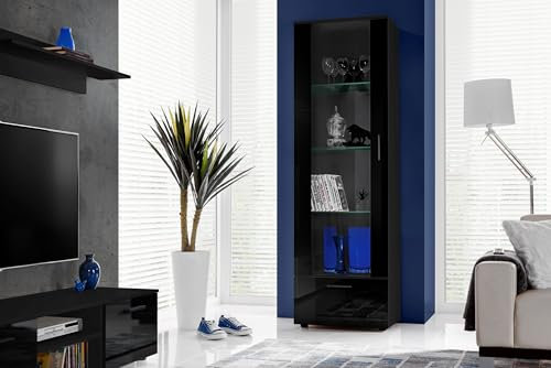 Komodee, Vitrine Schrank Alessandria, Schwarz/Schwarz, Breite 60cm x Höhe 192cm x Tiefe 42cm, ohne LED, 3 Glasböden, 1 Regal aus laminierter Platte, für Wohnzimmer, Schlafzimmer