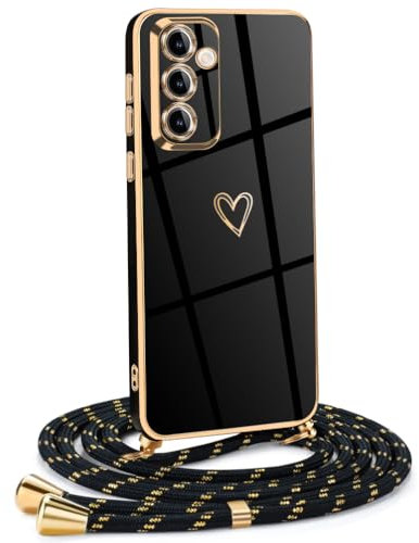 Mkej Coque pour Samsung Galaxy S24 avec Cordon de Collier, Coque avec Cordon Motif Coeur d'amour TPU Housse, Collier RéglableTéléphone Portable Lanyard Case Samsung Galaxy S24, Or Noir