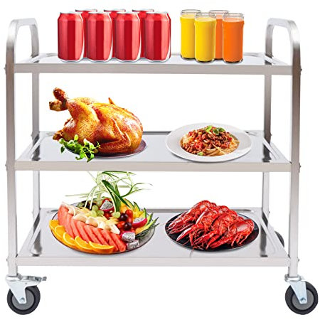 LUNICASHA Carro de servicio de acero inoxidable de 3 niveles, carrito de cocina con 4 ruedas, carrito de té para restaurante, hotel, escuela, cocina, capacidad de carga 20 kg