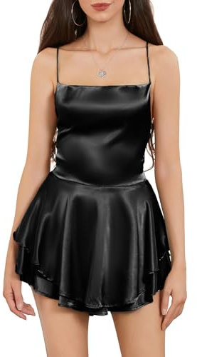 LouVasabuce Robe courte sexy dos nu en satin avec col bénitier et bretelles spaghetti, noir, Taille M