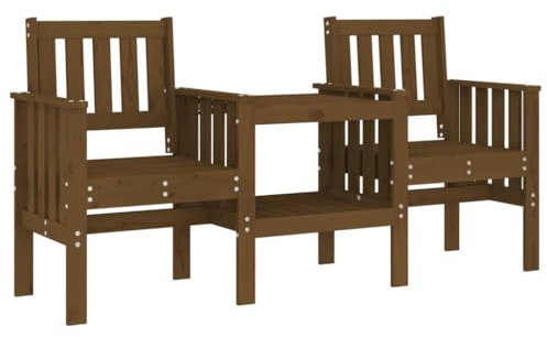 vidaXL Gartenbank, 2-Sitzer Bank mit Tisch Ablage, Sitzbank Parkbank mit Latten-Design, Holzbank Gartensessel Gartenmöbel, Honigbraun Massivholz Kiefer
