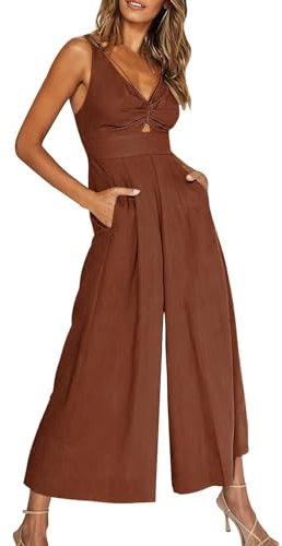 Saymany Jumpsuit Elegant Yoga Jumpsuit Damen Elegant Langarm Latzkleid Jumpsuit Damen Elegant Festlich Overall Damen Festlich Arbeitsoverall Damen Jumpsuit Damen Sommer Latzhose Damen（Braun,XL