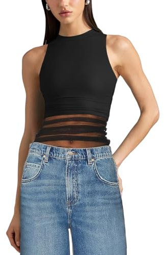 MAYFASEY Women's Round Neck Sleeveless See Through Sheer Mesh Tank Crop Top, Black, L