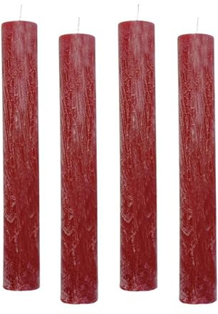 4er Pack Rustikale Stabkerzen H:24 cm Ø:3,4 cm - 24 Stunden Brenndauer - dicke Kerzen Dinnerkerzen Tafelkerzen Kirchenkerzen, Farbe:Dunkelrot