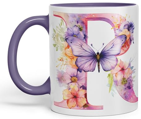 Vixar Letter R Mug, Floral Flowers Butterfly Alphabet Letter R Monogram Watercolour Ceramic Coloured Mug Cup for Tea Coffee Hot Brew 330ml 11Oz Gift (Purple)
