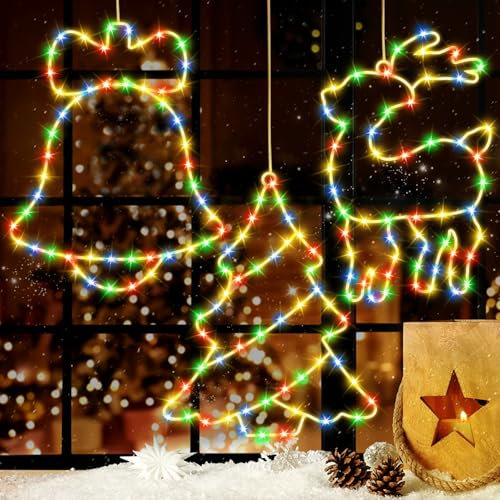 Weihnachtsbeleuchtung Fenster Innen, 3 Stück LED Lichtervorhang Weihnachten, Lichter Fenster Weihnachten 155 LEDs 8 Modi Wasserdicht Weihnachtsdeko Beleuchtung für Weihnachten Deko, Balkon, Party