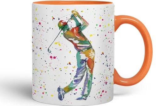 Vixar Golfer Golf Sport Watercolour Hobby Ceramic Coloured Mug Cup for Tea Coffee Hot Brew 330ml 11Oz Gift (Orange)