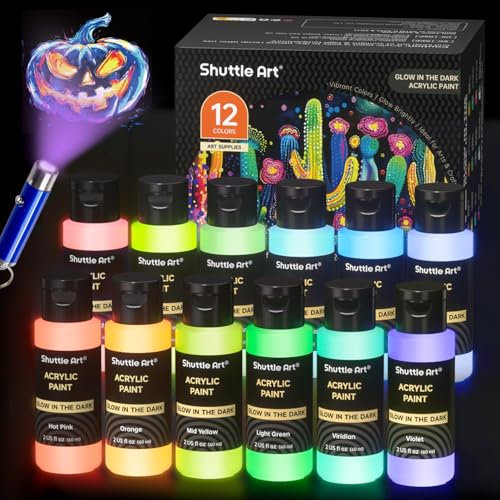 Shuttle Art Pinturas Acrilicas Fluorescente Luminosas, 12 Colores (2oz/60ml) Neon en la Oscuridad con Lámpara UV, Glow in The Dark para Textil Lienzo Madera Piedra