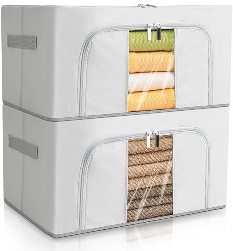 AiQInu 2 Pezzi Scatole per Armadio con Cerniera, 24L Organizzatore Armadio con Struttura in Metallo Pieghevole, Scatole per Vestiti Impilabili, per Trapunte Coperte Biancheria - 40 x 30 x 20 cm