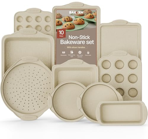 BAKKEN Kitchen Oven Baking Pans - Nonstick Gray Coating, Carbon Steel Bakeware Set with White Silicone Handles, Commercial Restaurant Quality Pans, PFOA, PFOS, PTFE Free, Oven Safe (450° F), Set of 10