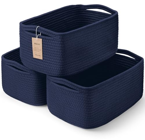 Maxuni 3-Pcs Shelf Baskets for Organizing, Closet Organizer Bins, Small Woven Baskets, Rope Toy Basket, Storage Basket for Shelves, Cube Decorative Box, 11.5×7.5×5.1”, Navy Blue