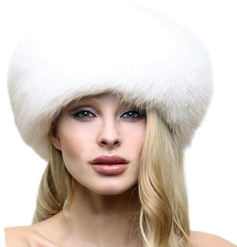 AJMDGW Chapeau en Fausse Fourrure for Femmes, Casquettes d'hiver de Style cosaque Russe(Faux Fox Fur-White)