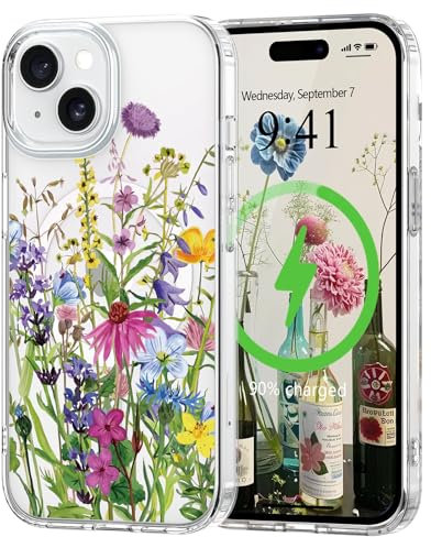 L-FADNUT Magnetic for iPhone 15 Plus Case, Compatible with Magsafe Floral Pattern Design, Clear Girly Flower Cover Slim Bumper Shockproof Protective Phone Case for iPhone 15 Plus Green