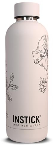 INSTICK Bouteille isotherme blanche 750 ml – Bouteille d'eau en acier inoxydable avec motif floral anti-fuite pour boissons chaudes et froides, idéale pour l'extérieur, le sport et les voyages