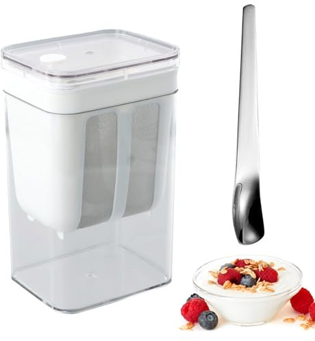 Colador de Yogur de 1100 Ml con Tapa, Equipado con Dosificador de Yogur, Separador de Suero, Malla de Acero Inoxidable, para Yogur Griego Espeso, Reutilizable para Yogur, Leche de Soja y Zumo