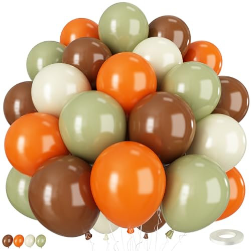 Luftballons in Salbeigrün und Braun, 50 Stück, 30,5 cm, Boho-Ballons mit Retro-Olivgrün, Orange, Cremeweiß, Latex-Ballon für Dschungel, Safari, Wildwald, Geburtstag, Hochzeit, neutrale