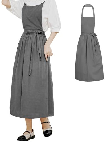 SAVOSWEET Schürze Damen Japanischer Stil, Kittelschürze Baumwolle Dunkelgrau, Küchenschürze Damen Verstellbar, Kochschürze mit 2 Taschen, Lange Schürze Gastro Blumenladen Küche Cafés Garten Malerei
