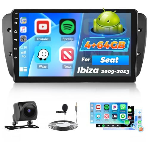 Roinvou 4+64G Autoradio Android für Seat Ibiza 2009-2013 Wireless Carplay Android Auto, 2Din Radio 9 Zoll Bildschirm WiFi GPS Bluetooth 32EQ FM/RDS SWC Rückfahrkamera