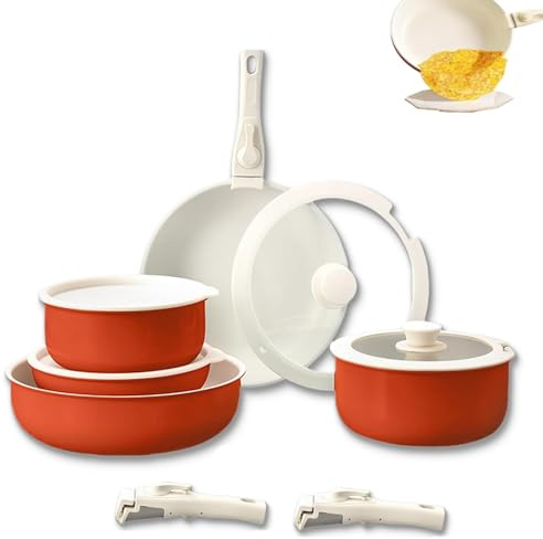 UCK-KIT Pots and Pan Set Non Stick, 11 Piece Nonstick Maifan Cookware Set with Detachable Handle, Gourmetific Cookware Set, Stackable Cooking Pot Set, Dishwasher ＆ Oven Safe,Orange