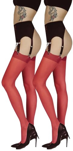 Annes styling Schlichte dünne Damen Strapsstrümpfe für Strapsstrumpfhosen für Strumpfhalter 20 DEN Schlichte, Rosso XS/S, Doppelpack