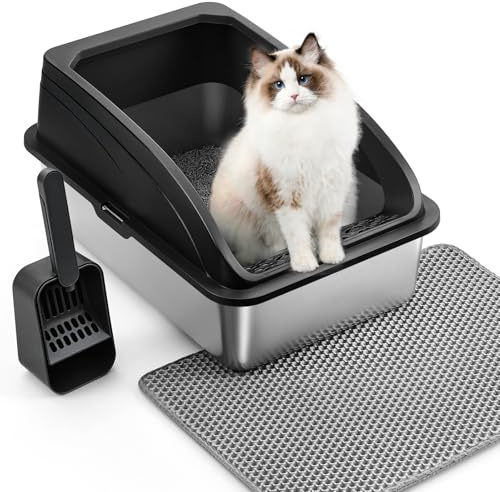 The Fellie XL Stainless Steel Cat Litter Box with Scoop and Mat, High Sided Non-slip Kitten Litter Tray, Never Absorbs Odors, Anti-Urine Leakage, Black, 60x40x30cm