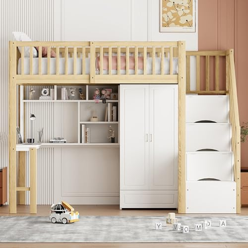 YuQozii 90 x 200 Hochbett mit großem Kleiderschrank Regal und Tisch, Stauraum Treppe Mehrzweckbetteinheit Holzbettgestell (Weiß+Natur)