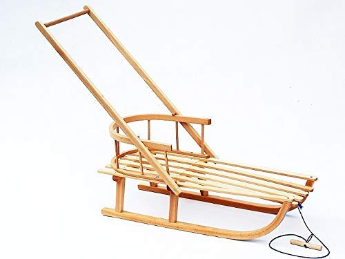 Holzschlitten für Kinder mit Rückenlehne, Seil, Schiebegriff und Kissen (groß)