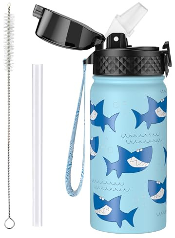 OLDLEY 420ml/14oz Kids Stainless Steel Water Bottle with Straw for School Insulated Metal Water Bottles Leakproof Reusable Double Wall Vacuum Small Flask Keep Drinks Hot Cold for Boys Girls (Shark)