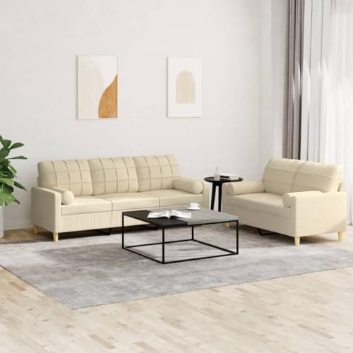 QUAHEAS 2-TLG. Sofagarnitur mit Kissen Creme Stoff, Bequemes 2er & 3er Sofa Set für Wohnzimmer, Robustes Gestell, Atmungsaktiver Bezug, Ideal zum Entspannen