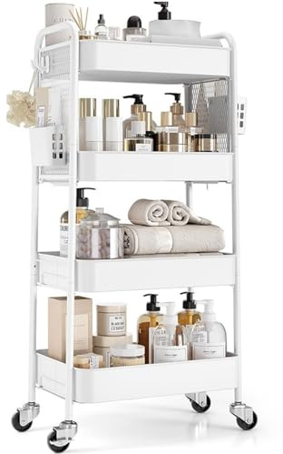 Urackify 4 Tier Storage Trolley on Wheels, White | DIY Pegboards, Hanging Bins, Hooks, Living Room, Kitchen, Bathroom, Office, Classroom