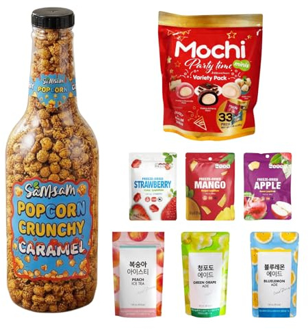 Mega Share Bundle – 888g Caramel Popcorn with Assorted Mochi, Korean Drinks & Freeze-Dried Fruits