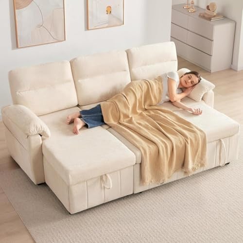 Kingfun 213cm Ecksofa mit Schlaffunktion & Bettkasten, 3-Sitzer ausziehbares L-Form Schlafsofa mit USB & Stauraum, Kleines Schlafcouch Sofa Bett für Wohnung und Wohnzimmer, Beige