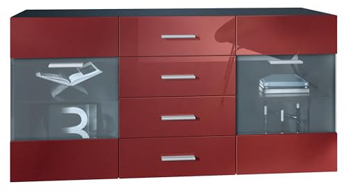 Vladon Sideboard Kommode Bari V1, Made in Germany, Korpus in Schwarz matt/Front in Bordeaux Hochglanz (139 x 72 x 35)
