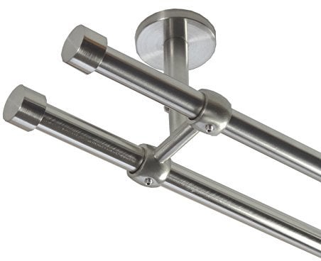 BASIT Gardinenstange Deckenmontage 2 läufig 200cm lang Edelstahl Look Metall Gardinenstange 2 läufig Deckenbefestigung Ø16mm I 120-600cm wählbar D21
