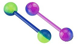 lot 2 Piercing Fluo Langue Barbell Brillant dans Le Noir Violet Bleu Vert Barbel Bille Fluorescent