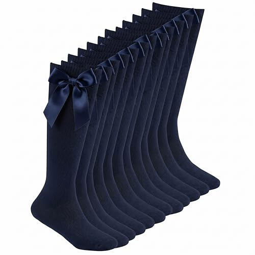 Sock Stack 6 Pairs Girls Knee High School Socks with Bow, Cotton Long Uniform Sockd with Fluffy Ribbon Detail, Back to School Party Wear, Navy, 9-12 (EU 27-30)