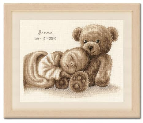 Vervaco Gezählter Kreuzstich Stickpackungen Stickset Baby Geburt Baby & Bär Wanddekoration Handarbeit Set für Erwachsene Kreatives Handwerk ca. 28 x 22 cm Geburt Geschenk Hausdeko
