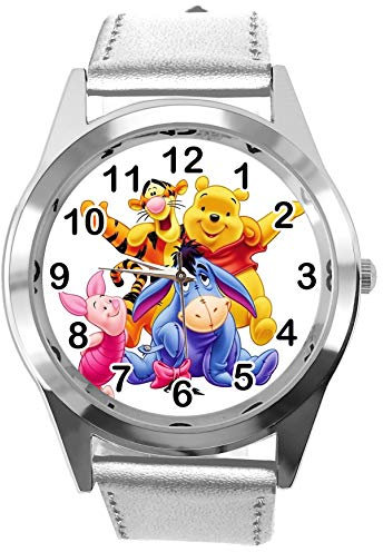 Taport® Quarzuhr Silber Lederband rund für Winnie Puuh Fans