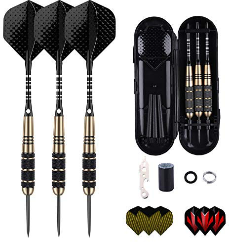 sanfeng Professional 3 Pack 24 Grams Steel Tip Darts Set With Brass Barrel, Black Aluminum Shafts 9pcs Standard Flights + 50pcs Rubber O-Rings + 12pcs Spring Rings + 1pcs Dart Sharpener Tool
