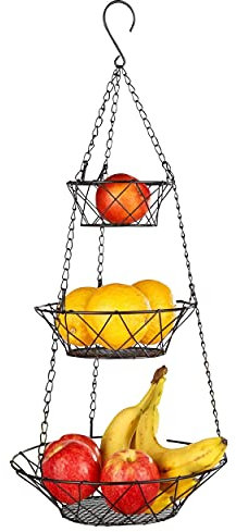 Oramics Hängekorb 3 Etagen Obstkorb zum Aufhängen – 67cm Küchenampel für mehr Platz in Ihrer Küche – Obstkorb hängend für Obst, Gemüse und vieles mehr. Etagere zum Aufhängen (Schwarz)