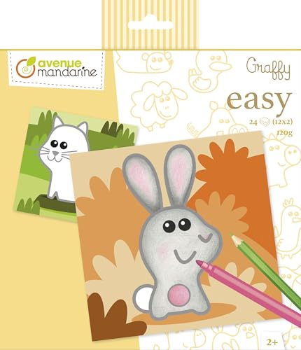 MY MANDARINE GY129C - Malbuch Graffy Easy, 24 Blatt (12 Designs x2), 120g Zeichenpapier, 20x20 cm, ab 2 Jahren, Tiere auf dem Bauernhof, 1 Stück