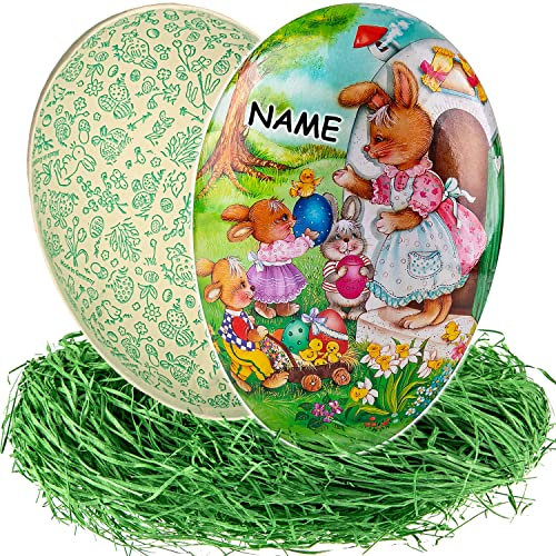 alles-meine.de GmbH 10 Stück Ostereier + Ostergras/Eier zum befüllen Anzahl frei wählbar 15 cm - Hasen Mama & kleine Osterhasen - inkl. Name - Füll - Pappei - Deko Pappe ..