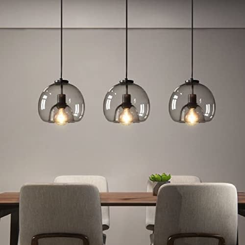 PTWFWI Pendant Light Fitting Modern Black Ceiling Light 3-Light Pendant Light E27 Hanging Lights with Globe Smoky Grey Glass Lamp Shades for Dining Room Living Room Kitchen Island, Max. 60W, 60x120cm