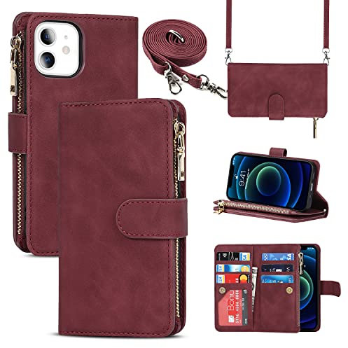 Cavor Coque Compatible avec iPhone 12 Mini Etui avec Cordon,Flip Portefeuille Étui Cuir,[9 Porte Cartes][Double Boucle],Protection Housse Etui Compatible avec iPhone 12 Mini - Rouge