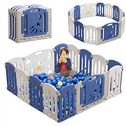 LZQ Laufstall Faltbar, Laufgitter Absperrgitter, Playpen Krabbelgitter aus Kunststoff Schutzgitter mit Tür und Spielzeugboard, Groß Kleinkinder Laufställe Klappbar (14 Paneele)